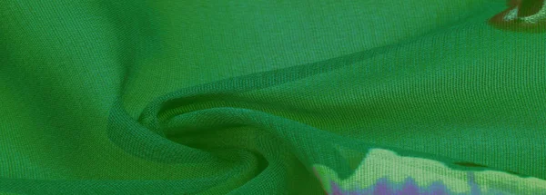 Текстура, фон, зелена шовкова тканина з синім квітковим принтом . — стокове фото