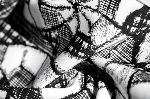 Tekstura, tło, wzór. Biała tkanina z czarnym abstrakcyjnym f — Zdjęcie stockowe