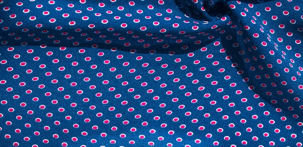 Textura fundo, padrão, tecido de seda azul com bolinhas vermelhas — Fotografia de Stock