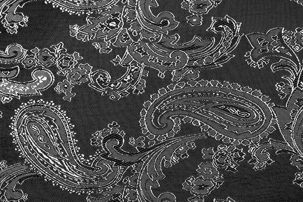 Tekstur, latar belakang, baja hitam abu-abu kain dengan patt paisley — Stok Foto
