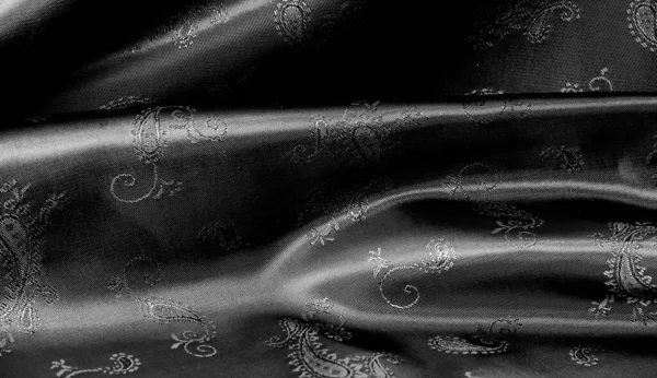 Текстура, чорна шовкова шифонна тканина з принтом Пейслі. приголомшливий — стокове фото