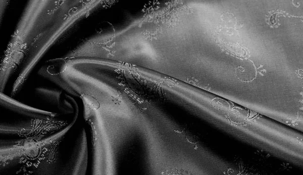 Tekstura, czarna jedwabna Szyfonowa tkanina z nadrukiem Paisley. Fantastyczny — Zdjęcie stockowe