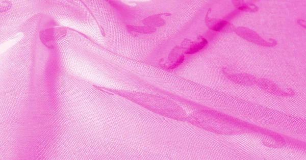 Textura fundo, tecido de seda rosa com Mustac desenhos animados pintados — Fotografia de Stock