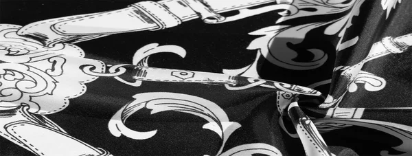Texture, sfondo, tessuto di seta nero con motivo monogram E — Foto Stock
