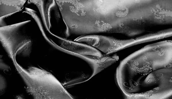 Texture, Black silk chiffon fabric with paisley print. fabulous — Stock Photo, Image