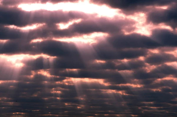 Wschód słońca zachód słońca. Niebo chmury, promień słońca przez chmury — Zdjęcie stockowe