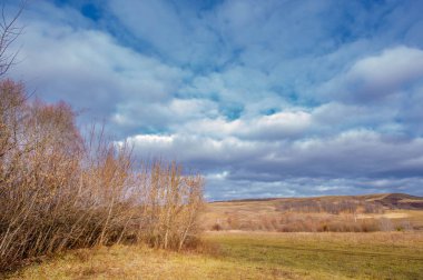 Kış, sonbahar manzarası. Buzlu nehir, yapraksız ağaçlar.