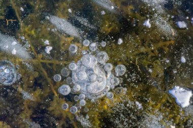 Doku deseni arka plan beyaz Kış, nehir buz hava kabarcıkları s