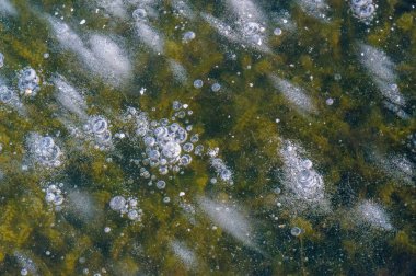 Doku deseni arka plan beyaz Kış, nehir buz hava kabarcıkları s