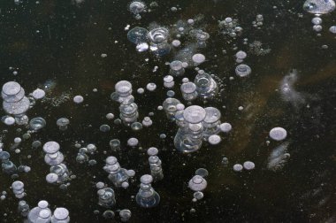 Doku deseni arka plan beyaz Kış, nehir buz hava kabarcıkları s