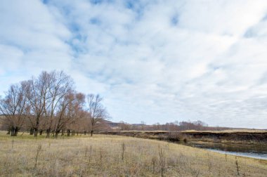 Kış, sonbahar manzarası. Buzlu nehir, yapraksız ağaçlar.