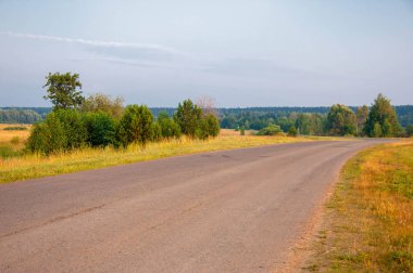 Bir kır yolunun sabah fotoğrafı, bulutlu gökyüzü, hafif sis, E