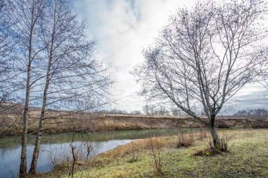 Kış, sonbahar manzarası. Buzlu nehir, yapraksız ağaçlar.
