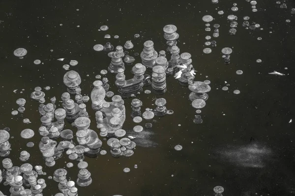 Texture motif fond blanc Hiver, bulles d'air de glace de rivière s — Photo