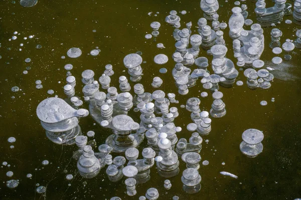 Texture motif fond blanc Hiver, bulles d'air de glace de rivière s — Photo