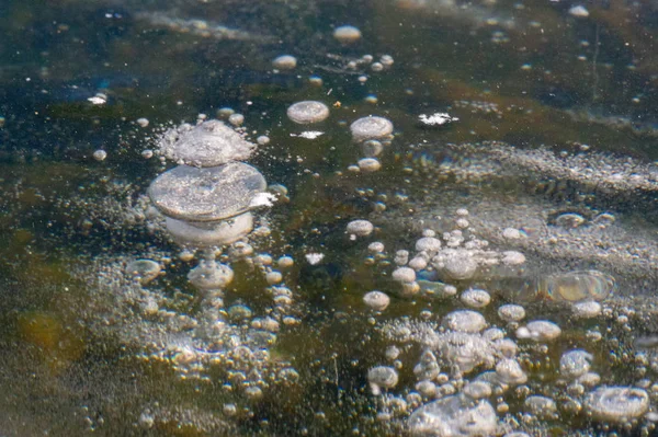 Textura patrón fondo blanco Invierno, río hielo burbujas de aire s —  Fotos de Stock