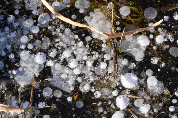 Textur mönster bakgrund vit vinter, floden isen luftbubblor s — Stockfoto