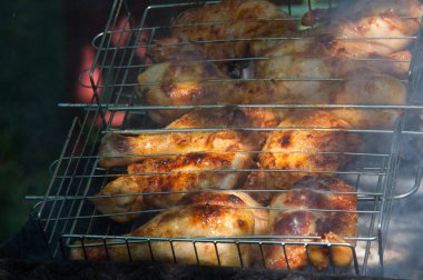 Kömürde kavrulmuş et, mangal, şiş kebap. Bir hata.