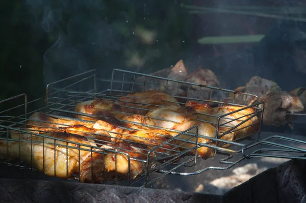 Vlees geroosterd op kolen op een spindel, barbecue, shish kebab. De Voorzitter. — Stockfoto