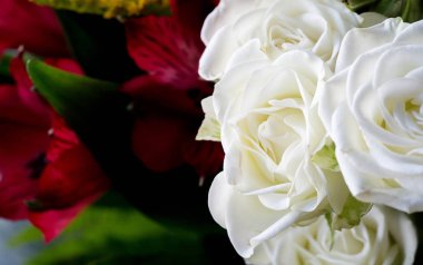 Bir buket çiçek. Çekici bir şekilde düzenlenmiş bir demet çiçek, özellikle bir hediye olarak sunulan ya da bir törende taşınan. burun, lezzet