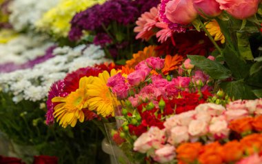 Bir buket çiçek. Çekici bir şekilde düzenlenmiş bir demet çiçek, özellikle bir hediye olarak sunulan ya da bir törende taşınan. burun, lezzet