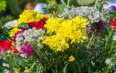 Bir buket çiçek. Çekici bir şekilde düzenlenmiş bir demet çiçek, özellikle bir hediye olarak sunulan ya da bir törende taşınan. burun, lezzet