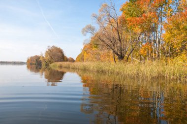 Sonbahar, sudaki ağaçların göldeki yansıması üzerine sessizdir.