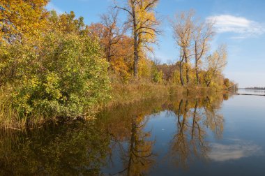 Sonbahar, sudaki ağaçların göldeki yansıması üzerine sessizdir.