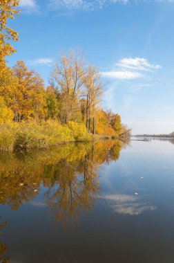 Sonbahar, sudaki ağaçların göldeki yansıması üzerine sessizdir.