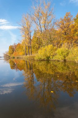 Sonbahar, sudaki ağaçların göldeki yansıması üzerine sessizdir.