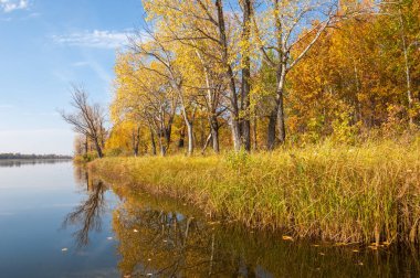 Sonbahar, sudaki ağaçların göldeki yansıması üzerine sessizdir.