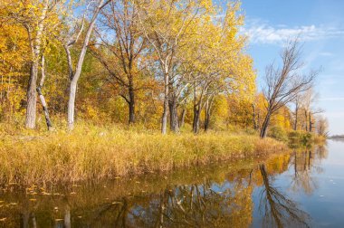 Sonbahar, sudaki ağaçların göldeki yansıması üzerine sessizdir.