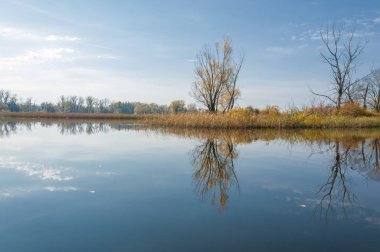 Sonbahar, sudaki ağaçların göldeki yansıması üzerine sessizdir.