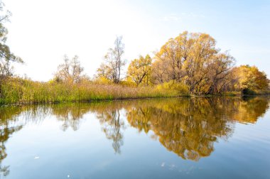 Sonbahar, sudaki ağaçların göldeki yansıması üzerine sessizdir.