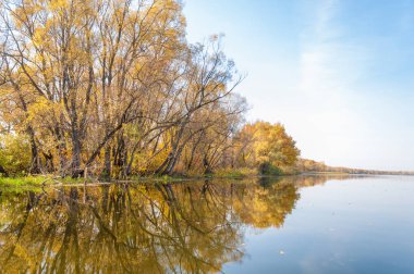 Sonbahar, sudaki ağaçların göldeki yansıması üzerine sessizdir.