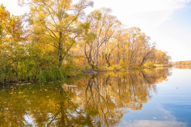 Sonbahar, sudaki ağaçların göldeki yansıması üzerine sessizdir.