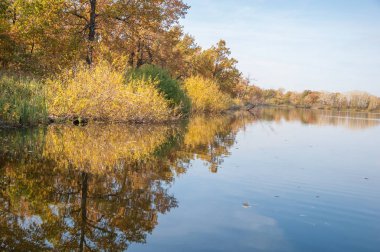 Sonbahar, sudaki ağaçların göldeki yansıması üzerine sessizdir.