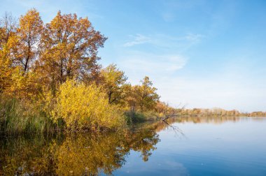 Sonbahar, sudaki ağaçların göldeki yansıması üzerine sessizdir.