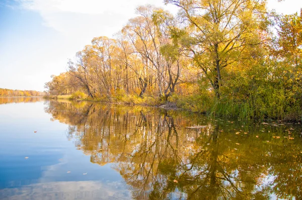 Sonbahar, sudaki ağaçların göldeki yansıması üzerine sessizdir.