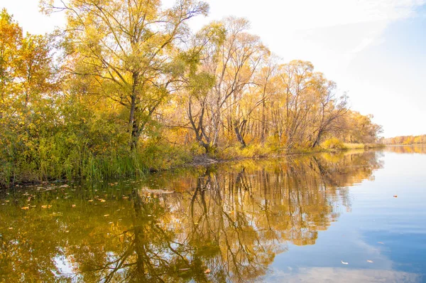 Sonbahar, sudaki ağaçların göldeki yansıması üzerine sessizdir.