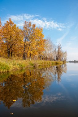 Sonbahar, sudaki ağaçların göldeki yansıması üzerine sessizdir.