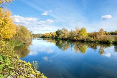 Sonbahar, nehrin ormanı ile kaplı parlak güneşli bir günde