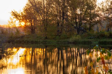  Manzara. Gölün üzerinde gün batımı, suya yansıyan düşen ağaçlar..
