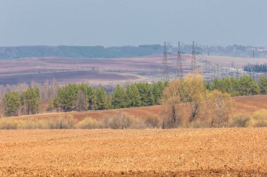 Bahar manzarası. Taze sürülmüş tarla. Tepe arazisi. Ağaçların zekası