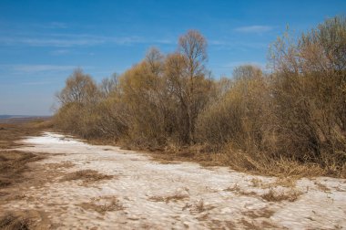 Bahar manzarası. Bahar tarlasındaki son kar. tepelik terra