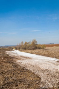 Bahar manzarası. Bahar tarlasındaki son kar. tepelik terra