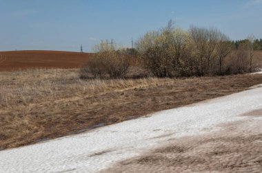 Bahar manzarası. Bahar tarlasındaki son kar. tepelik terra