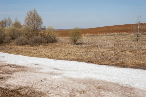 Wiosenny krajobraz. Ostatni śnieg na polu wiosennym. Terra pagórkowata — Zdjęcie stockowe