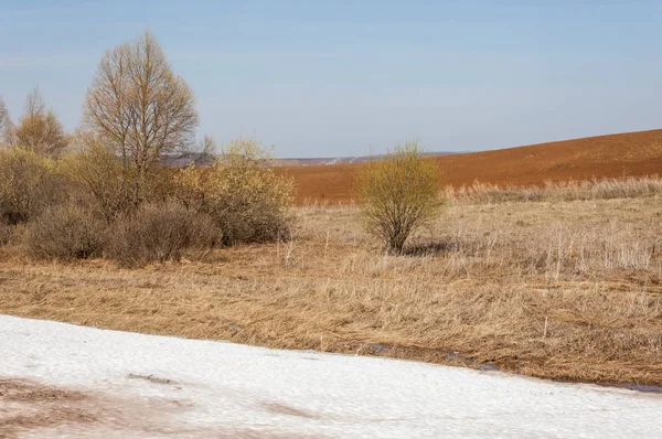 Paisagem primavera. a última neve no campo de primavera. terra montanhosa — Fotografia de Stock