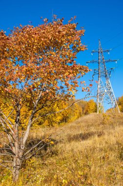 Sonbahar sahneleri. Energo. Yeşil enerji kavramı, enerji santrali, clo
